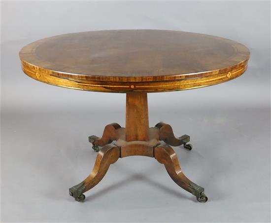 A Regency brass strung rosewood breakfast table, Diam.3ft 10in. H.2ft 6in.